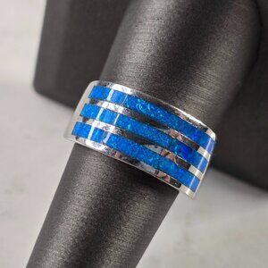 Womens Estate Sterling Silver Modernist Blue Opal Ring 7.1g E4521